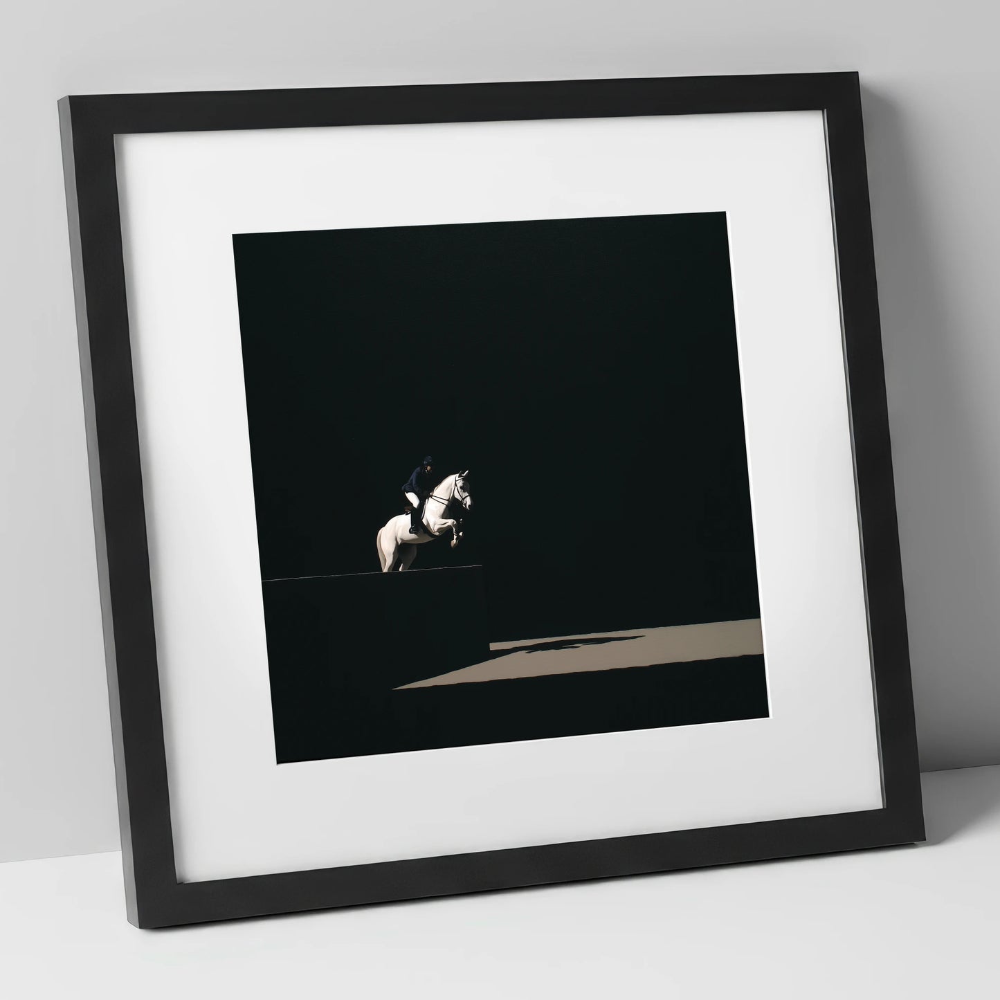Suspended in Obsidian show jumping horse art print in black frame