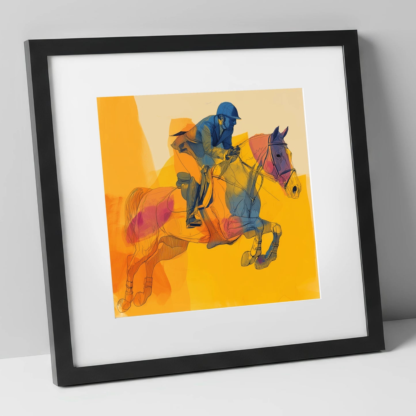 Flight in Colour show jumping horse art print in black frame
