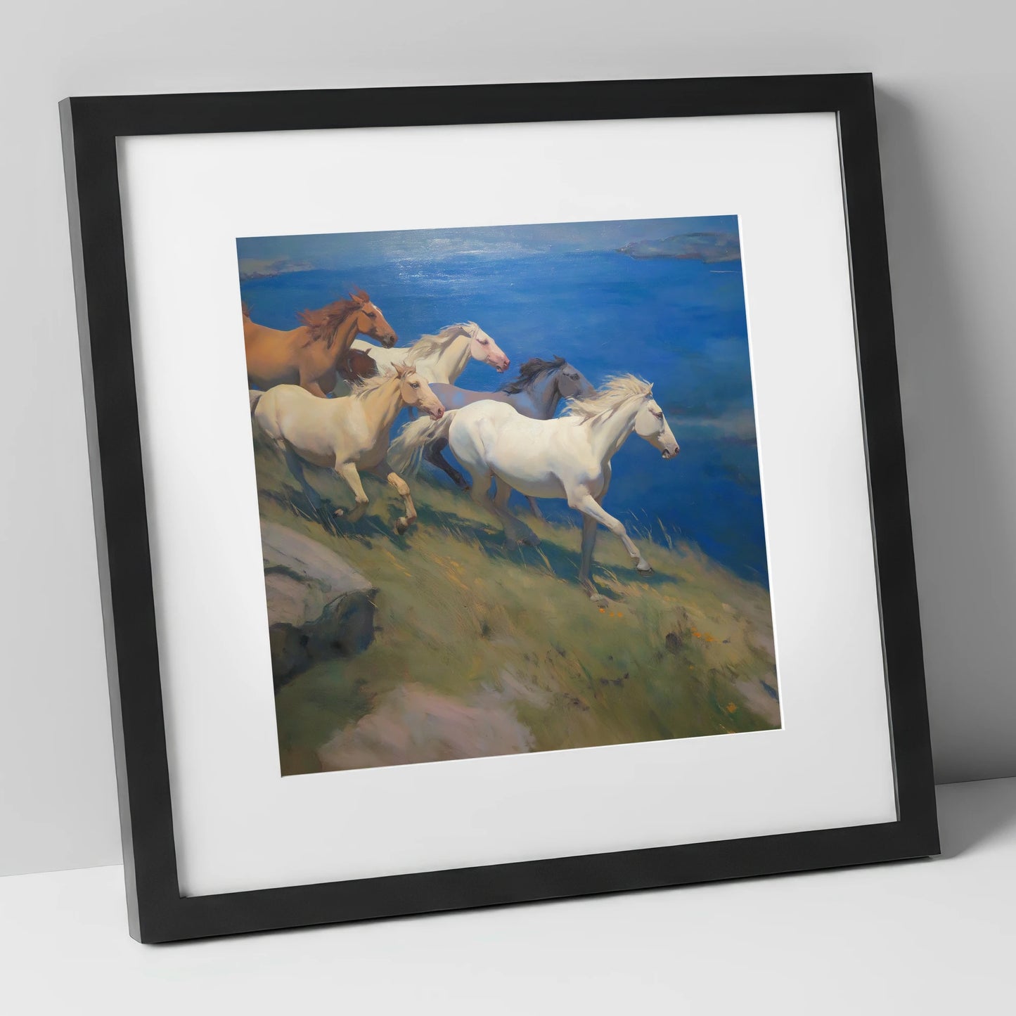 Azure Coastal Gallop wild horses art print in black frame