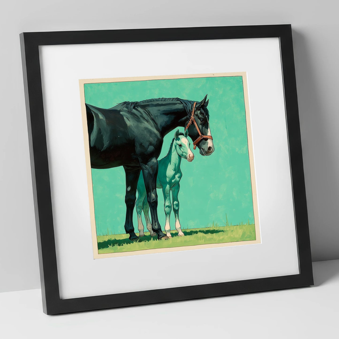 Bond in Vivid Teal mare & foal art print in black frame