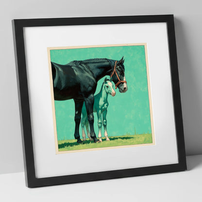 Bond in Vivid Teal mare & foal art print in black frame