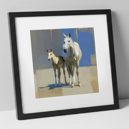 Sunlit Bonds mare & foal art print in black frame