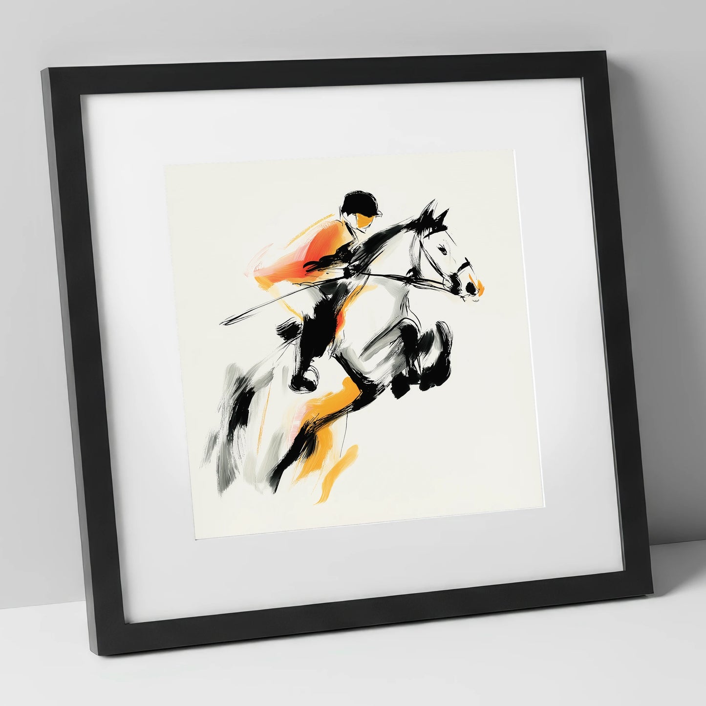 Suspended Momentum show jumping horse art print in black frame