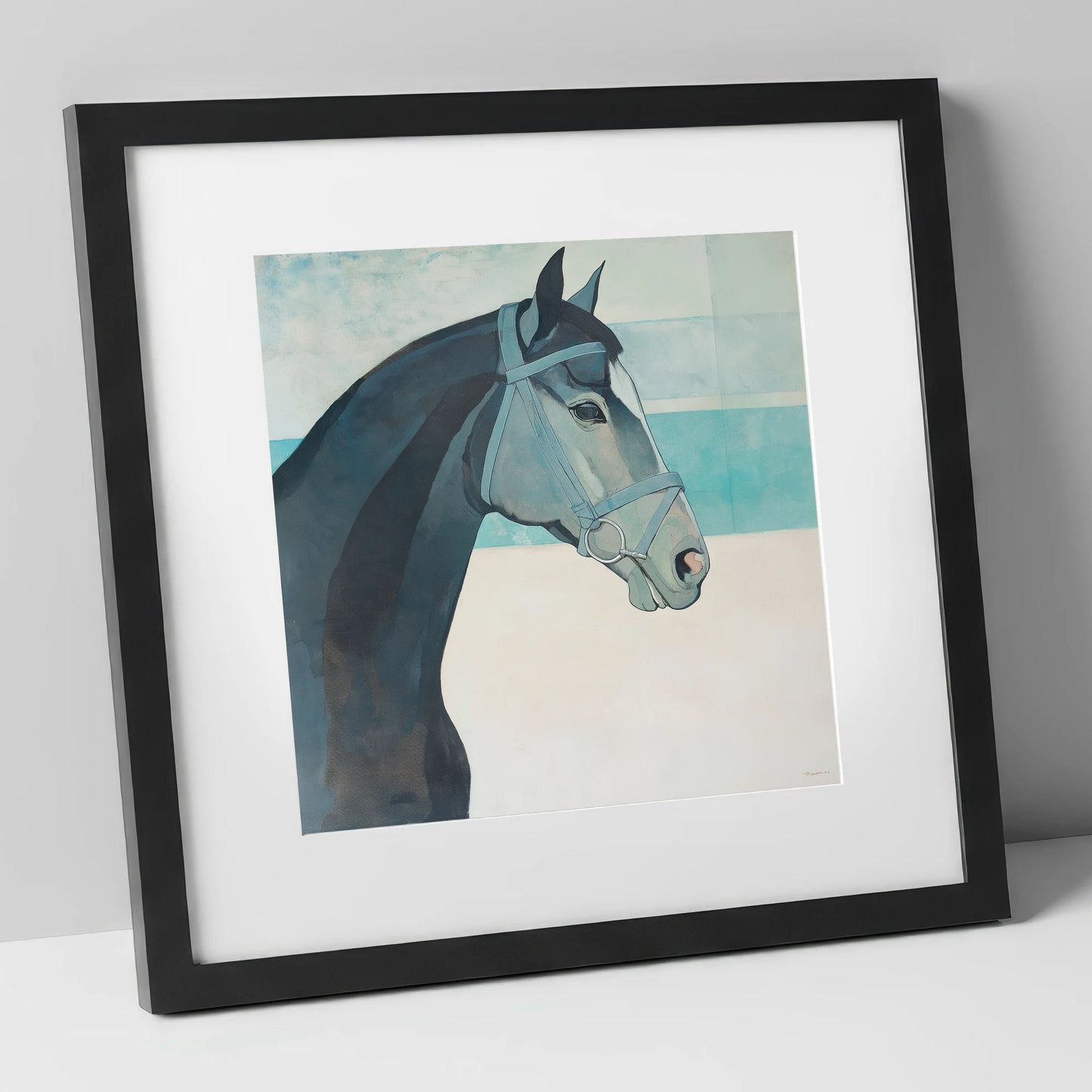 Serene Aquamarine Profile racing horse art print in black frame