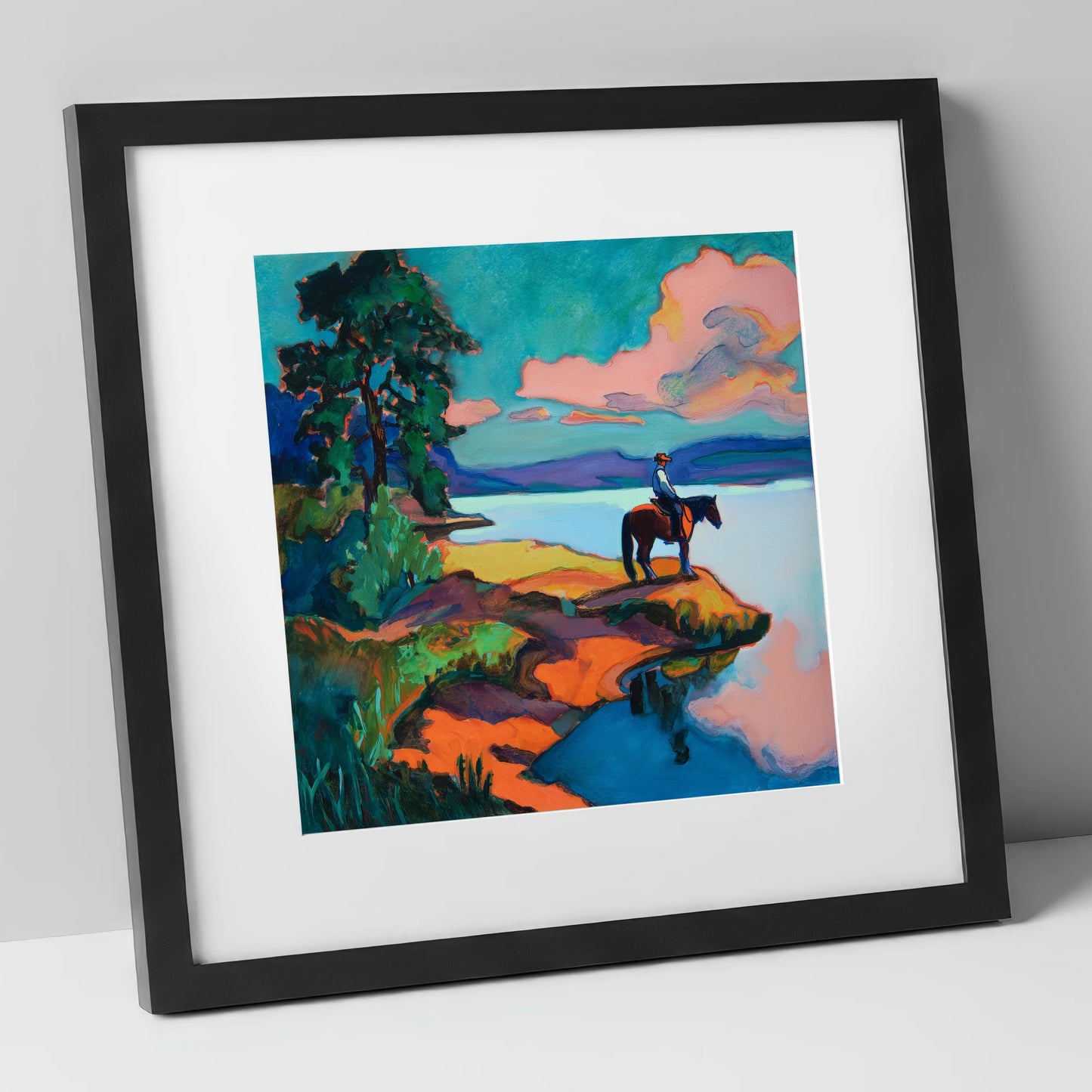 The Violet Shoreline beach horse art print in black frame