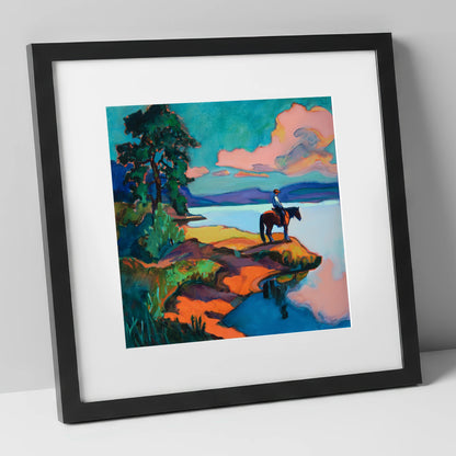 The Violet Shoreline beach horse art print in black frame