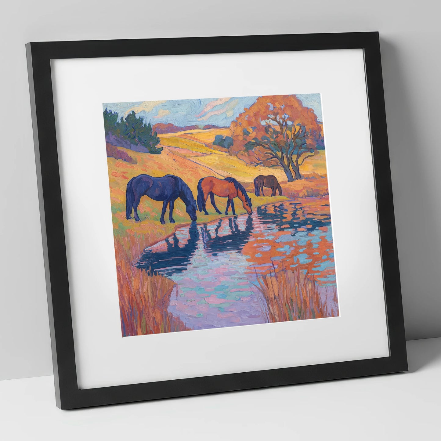 Painted Pasture Reflections horse landscape art print in black frame