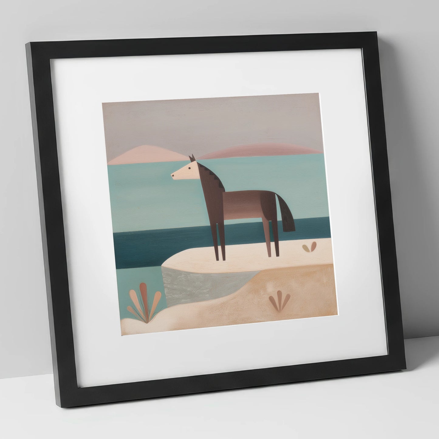 Coastal Solitude horse landscape art print in black frame