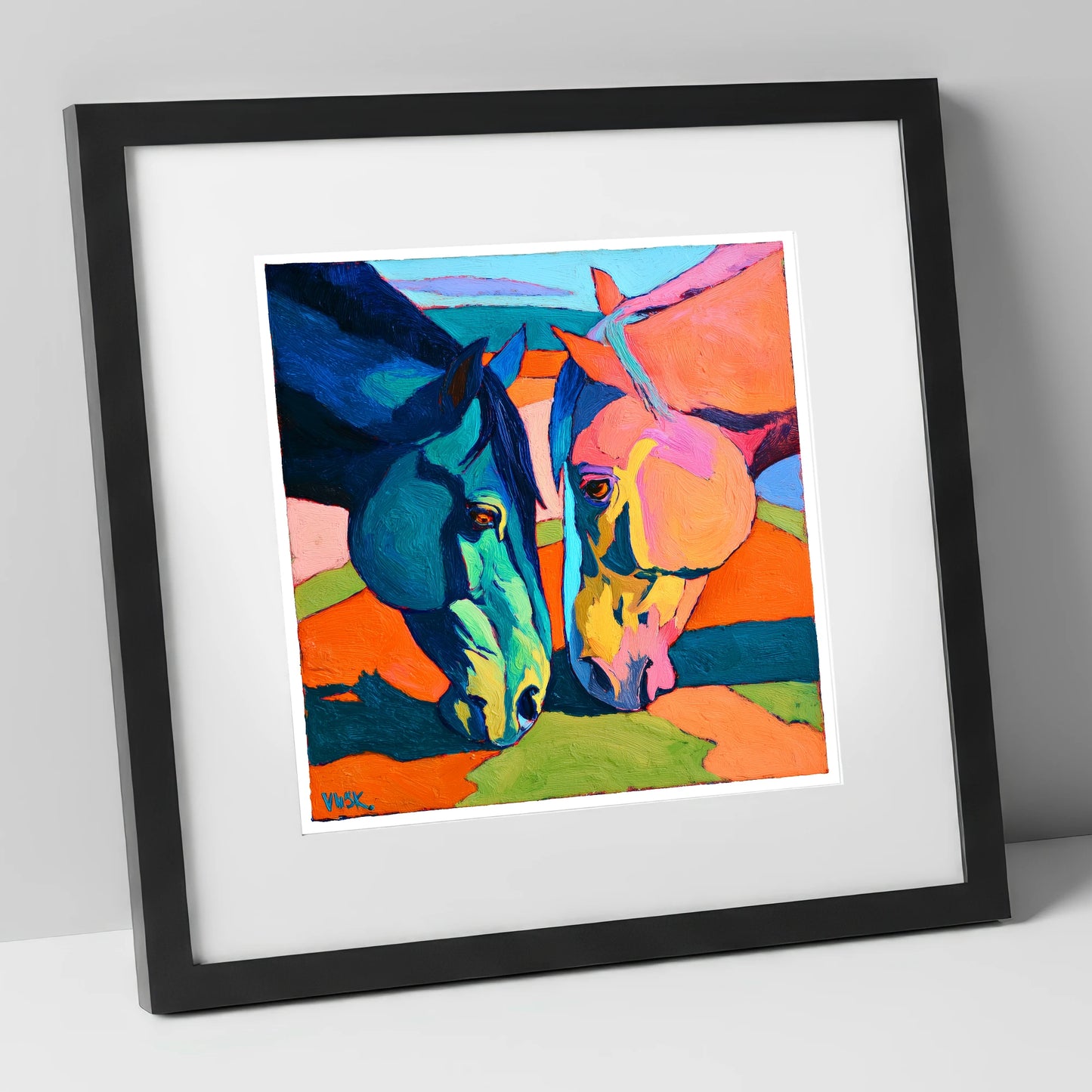 Vibrant Companions horse portrait art print in black frame