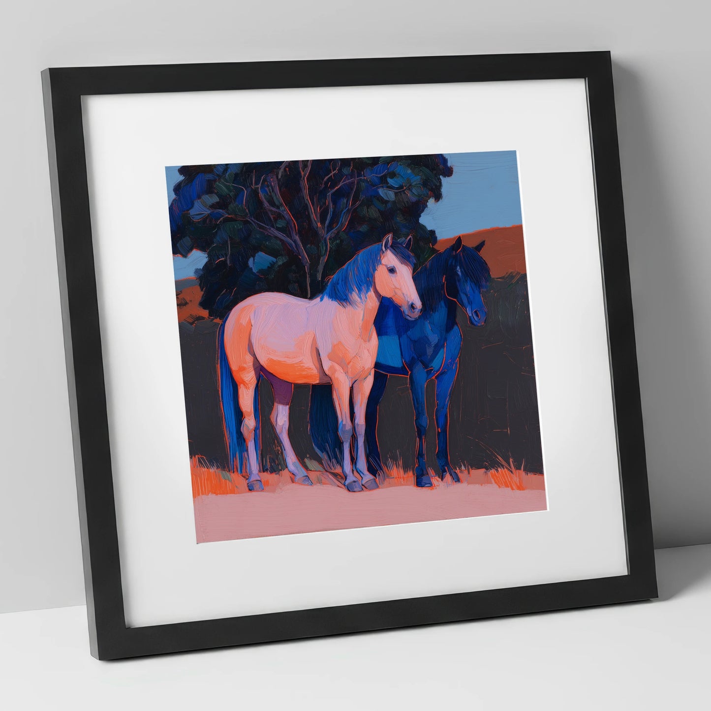 Contrasting Companions horse landscape art print in black frame