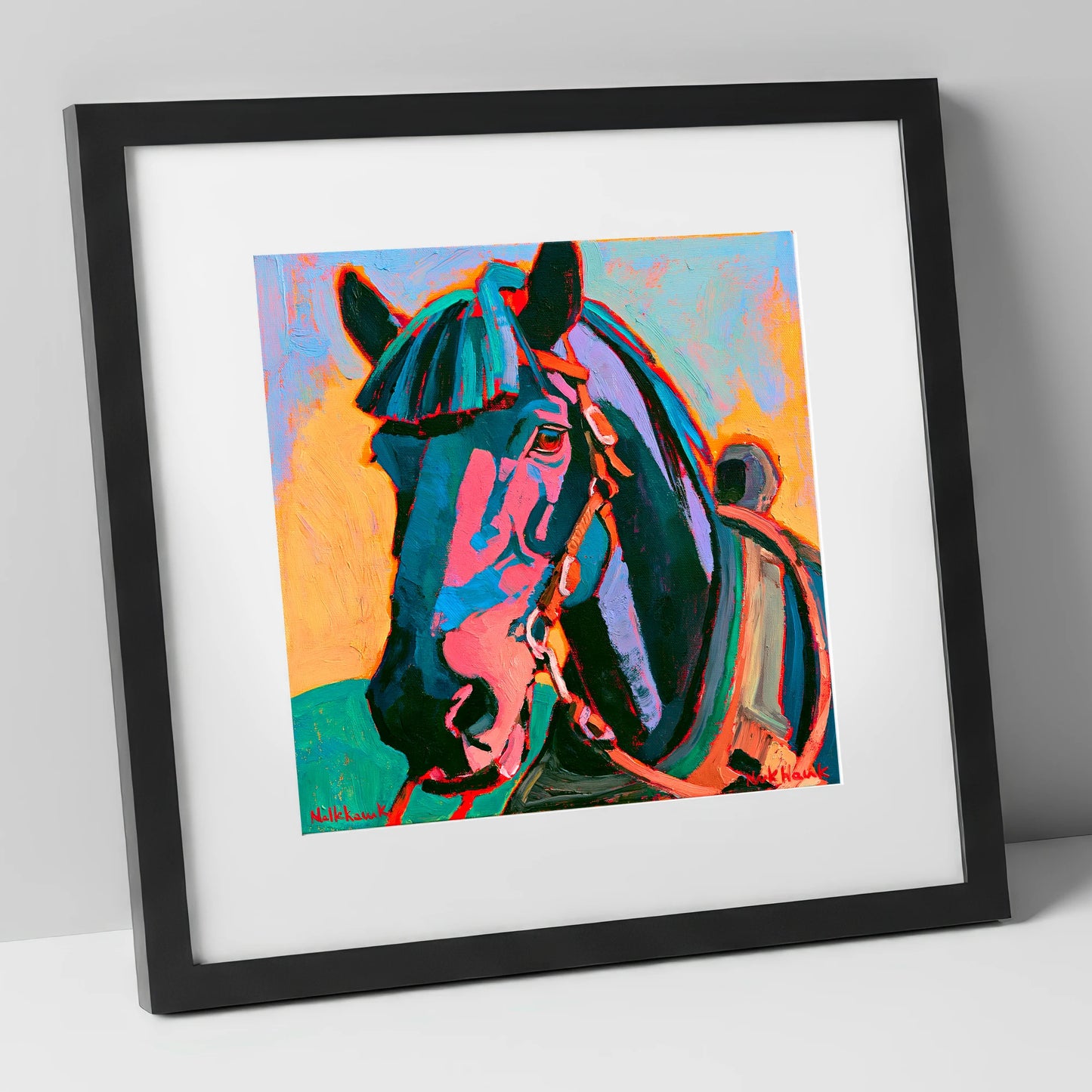 Colourful Expressionist Horse Portrait horse breed art print in black frame