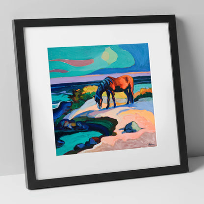 Vibrant Coastal Graze horse landscape art print in black frame