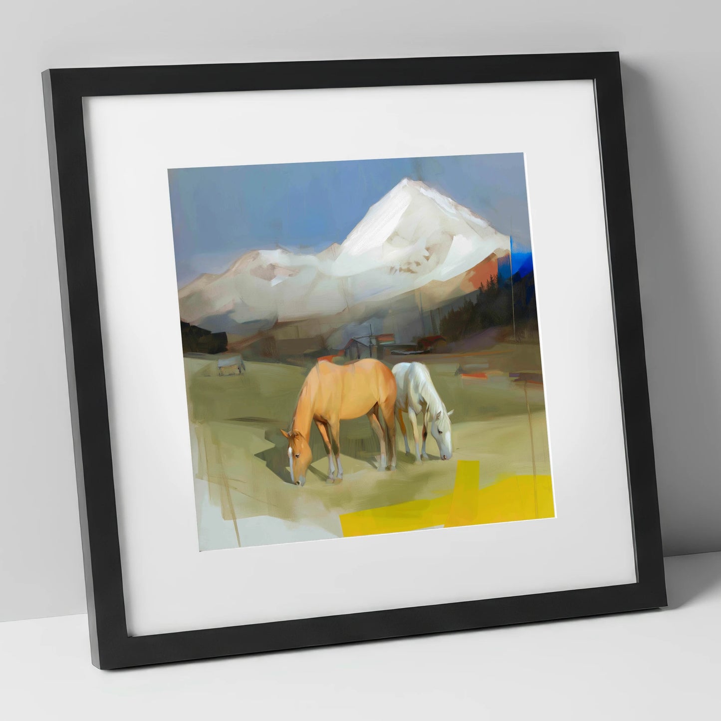 Grazing Beneath the Peaks horse landscape art print in black frame