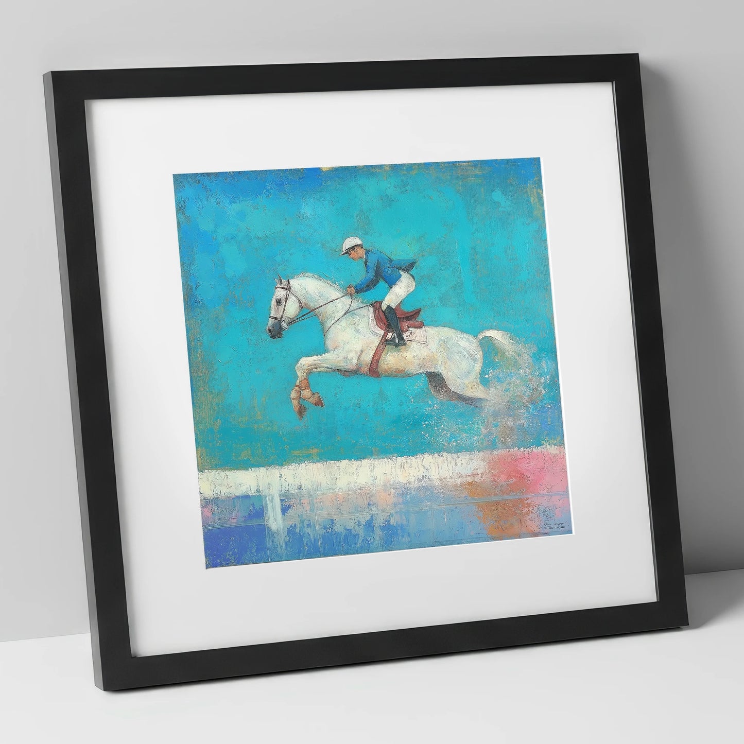 Flight in Turquoise show jumping horse art print in black frame