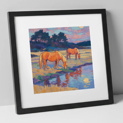 Evening Pasture Reflections horse landscape art print in black frame