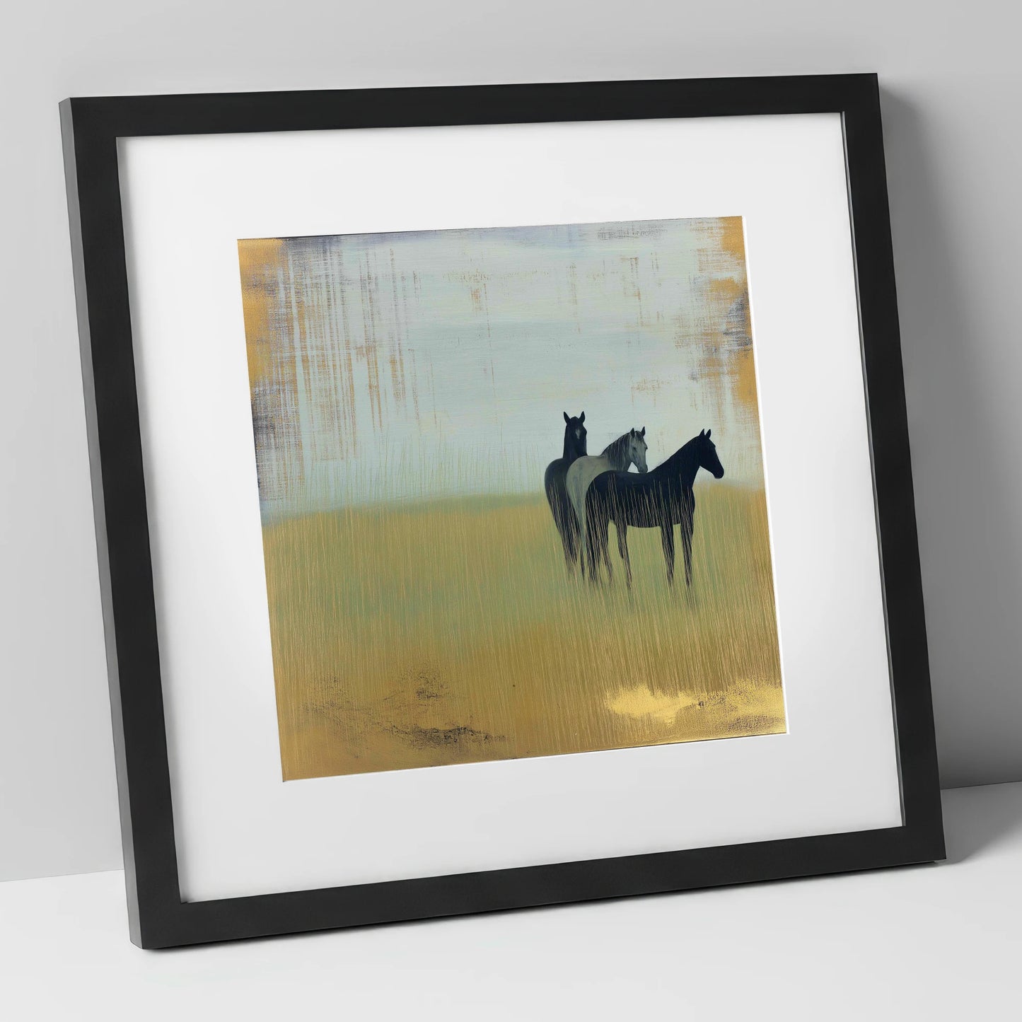 Gilded Meadow Watchers wild horses art print in black frame