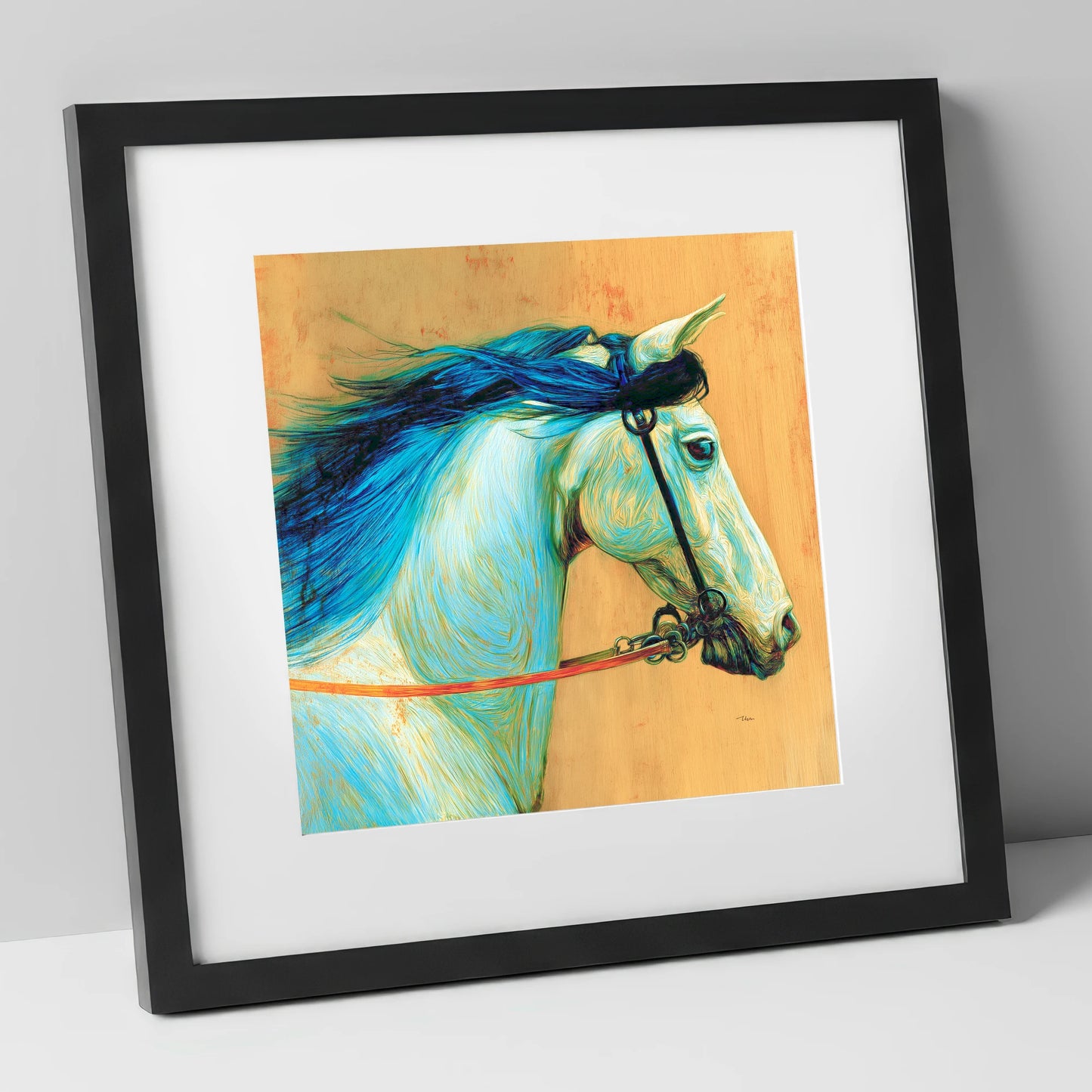 Cerulean Spirit horse portrait art print in black frame