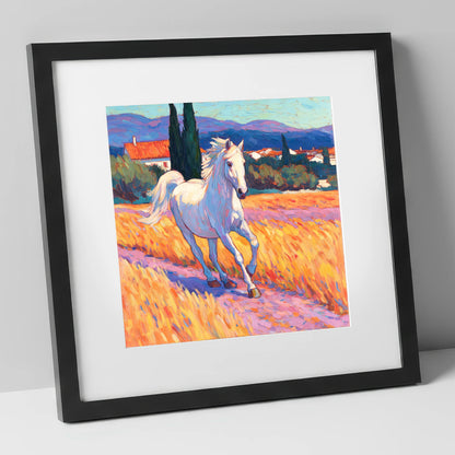 Sunlit Provincial Grey horse breed art print in black frame