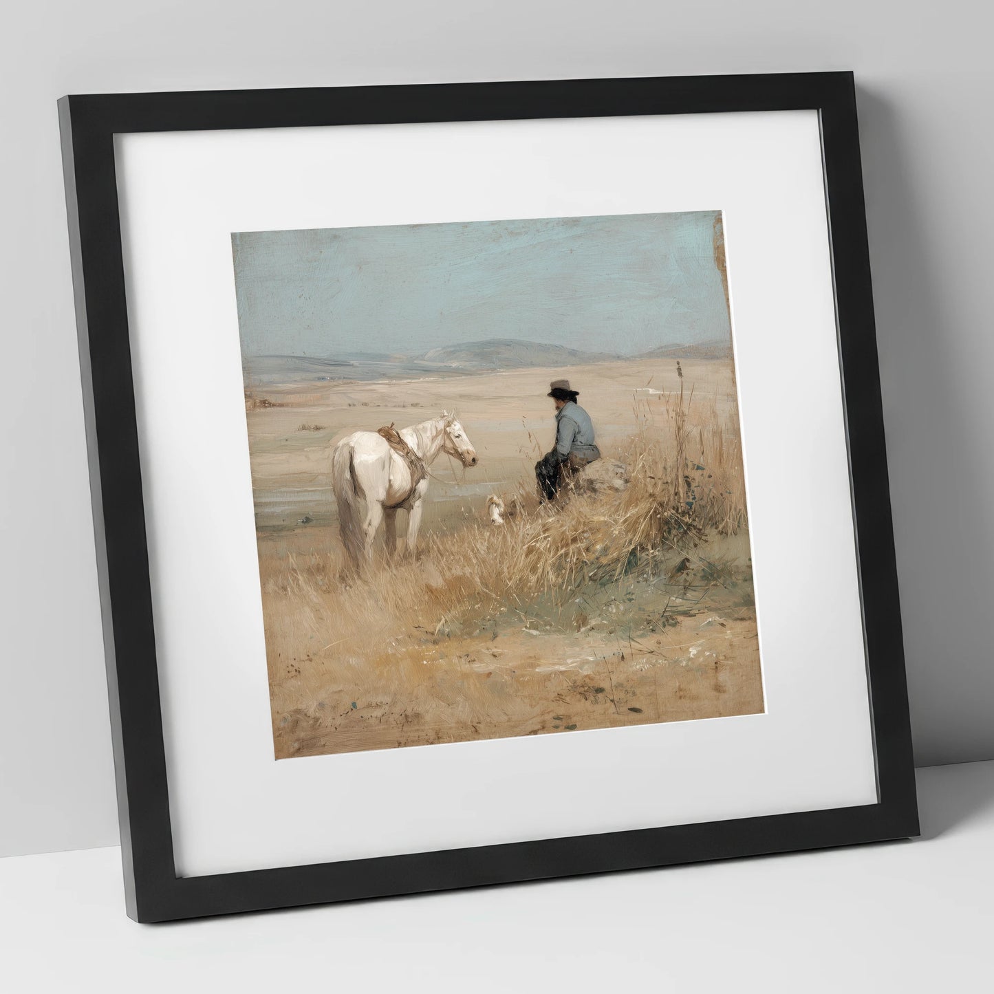 Vast Horizons horse & rider art print in black frame
