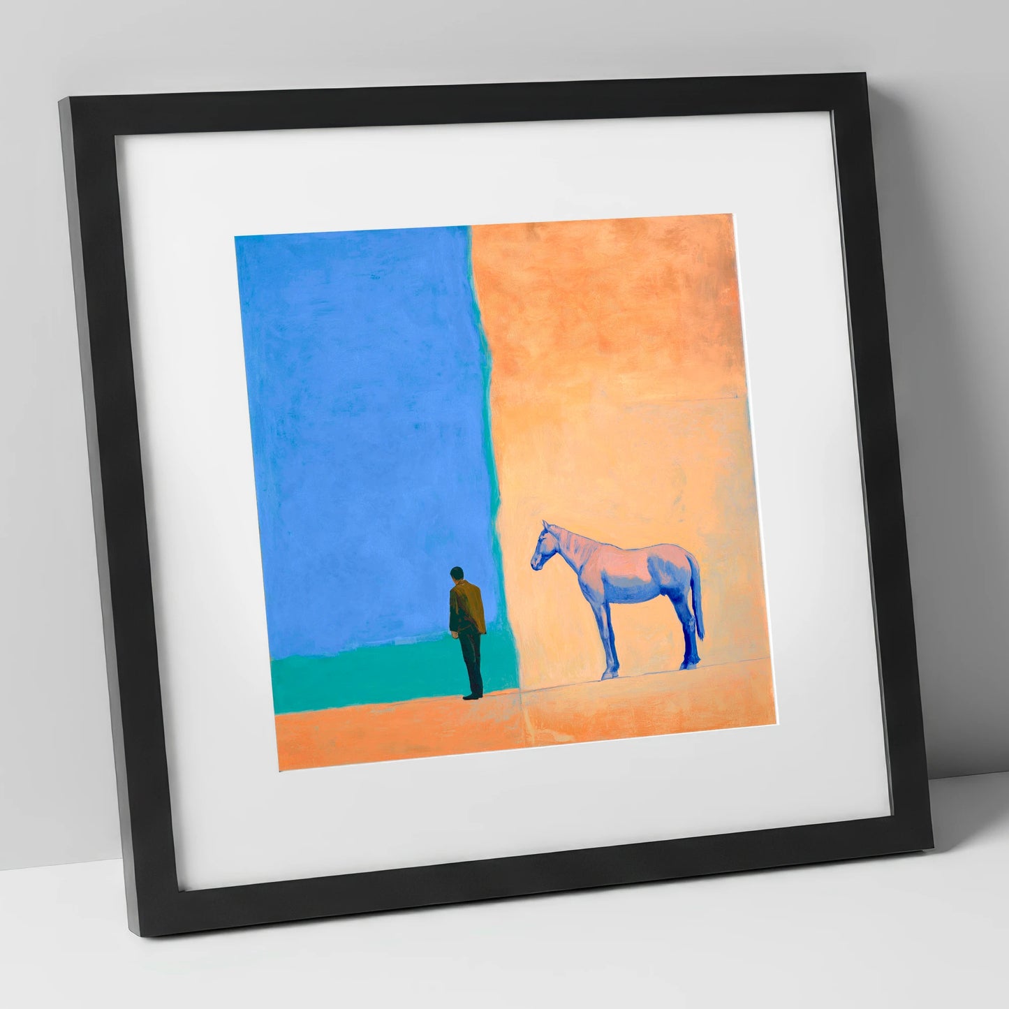 Between Blue and Sand horse & rider art print in black frame