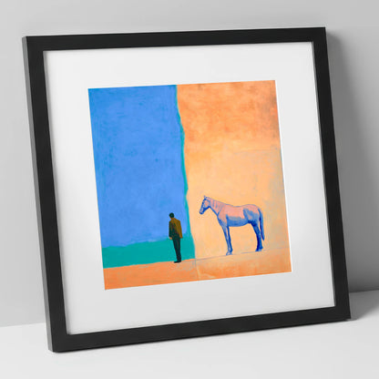 Between Blue and Sand horse & rider art print in black frame
