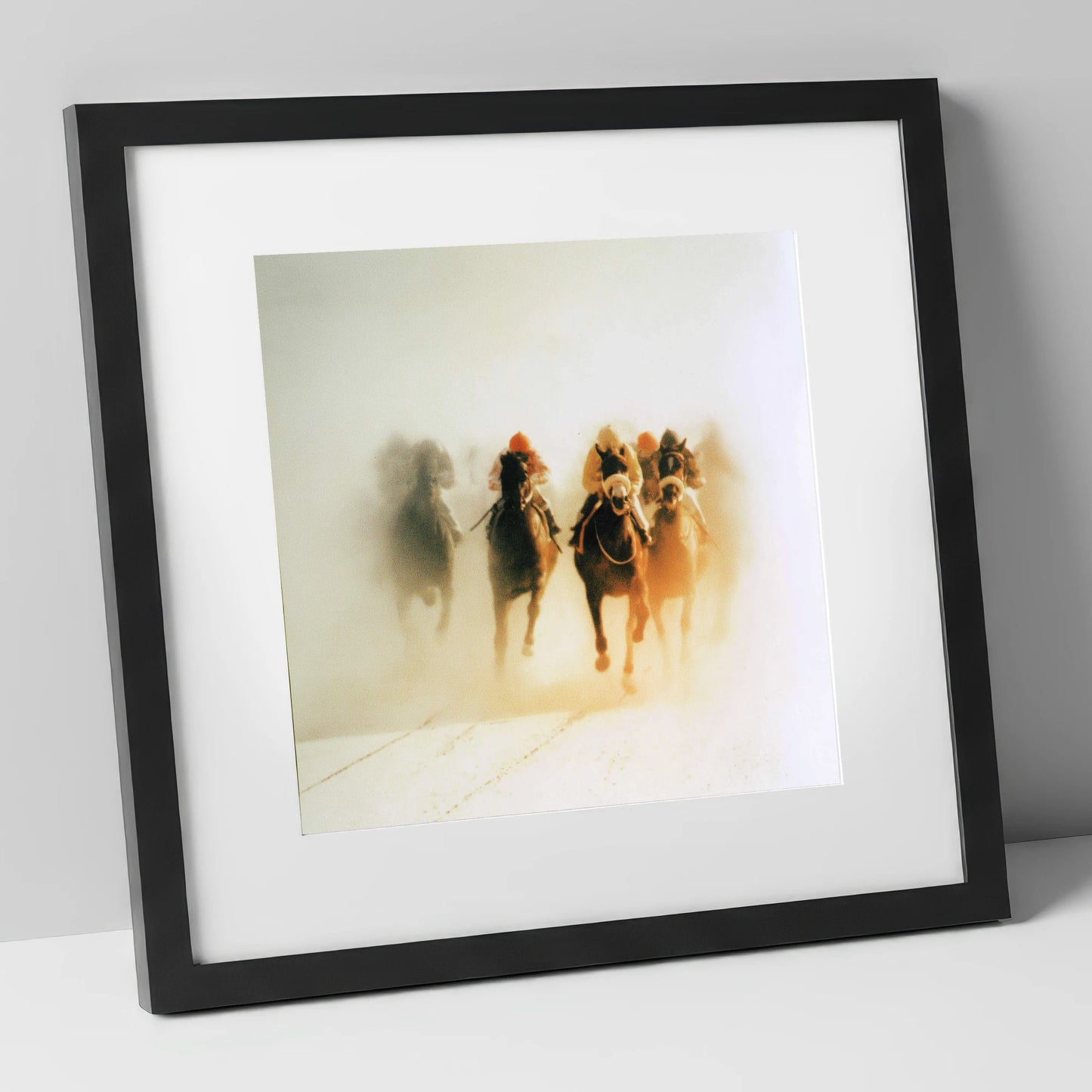 Emerging From The Mist racing horse art print in black frame
