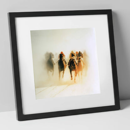 Emerging From The Mist racing horse art print in black frame