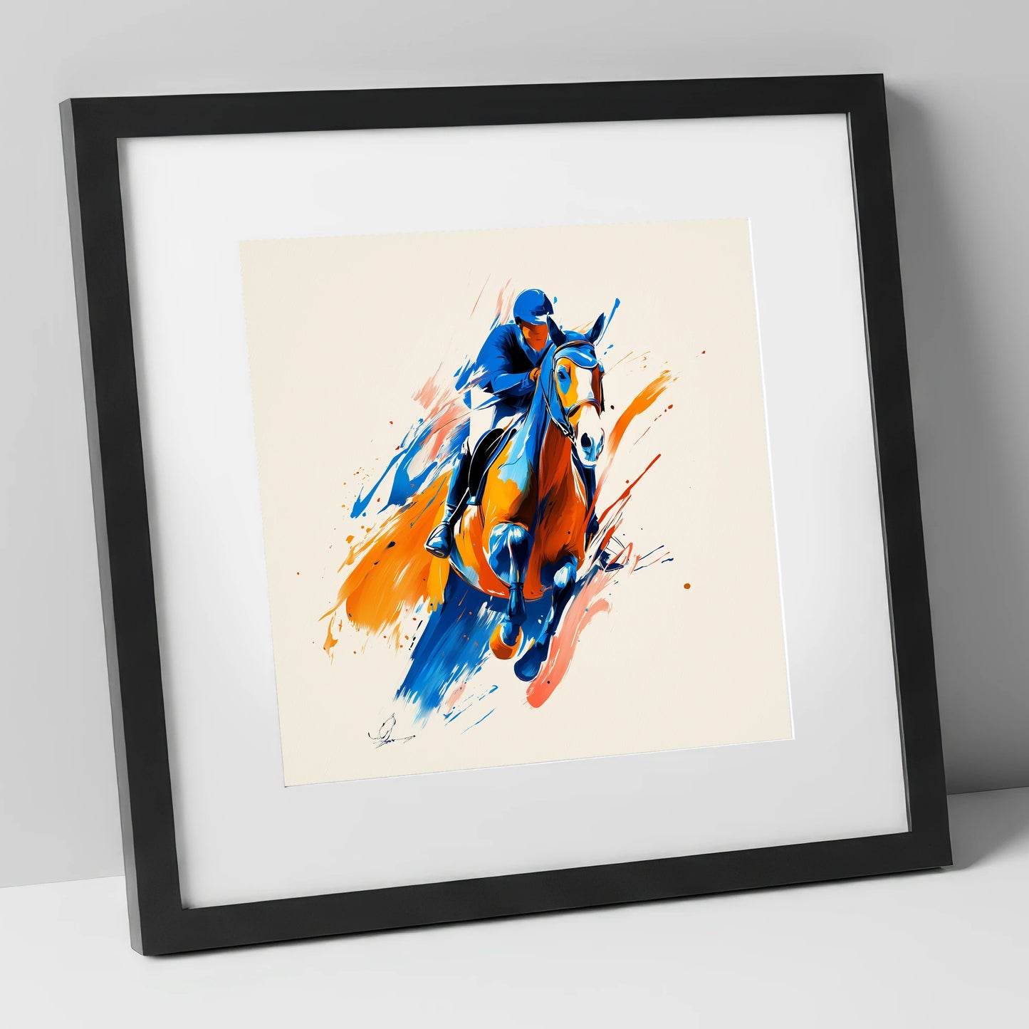 Airborne Energy show jumping horse art print in black frame