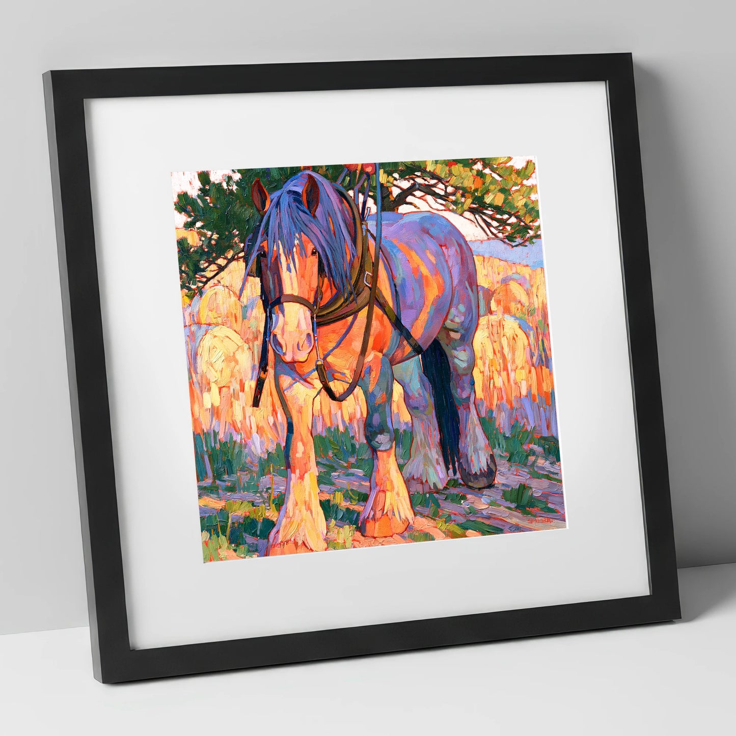 Colourful Heavy Horse In Harness horse breed art print in black frame