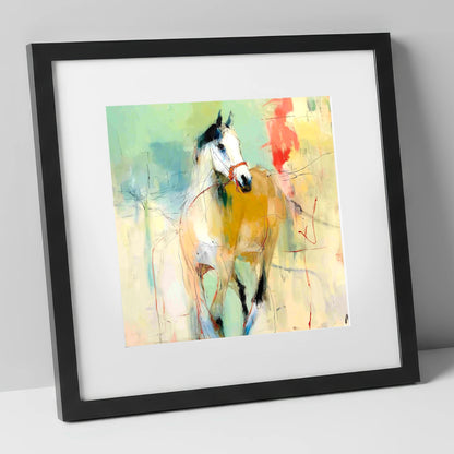 Abstract Paddock Spirit racing horse art print in black frame