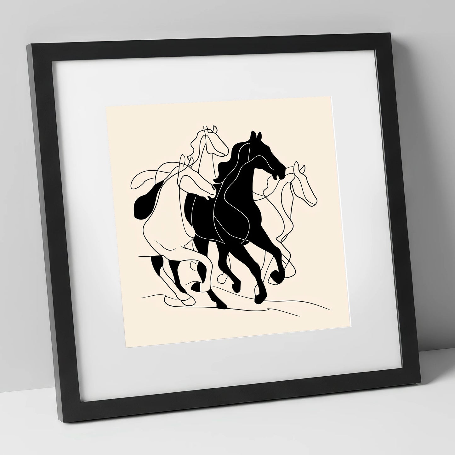 Fluid Equine Silhouette wild horses art print in black frame