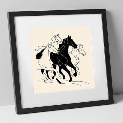 Fluid Equine Silhouette wild horses art print in black frame