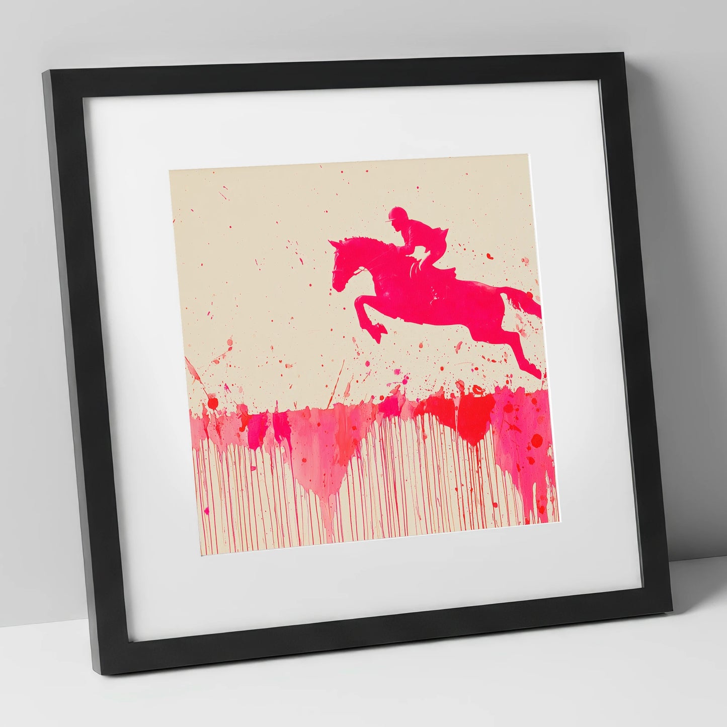 Magenta Flight show jumping horse art print in black frame