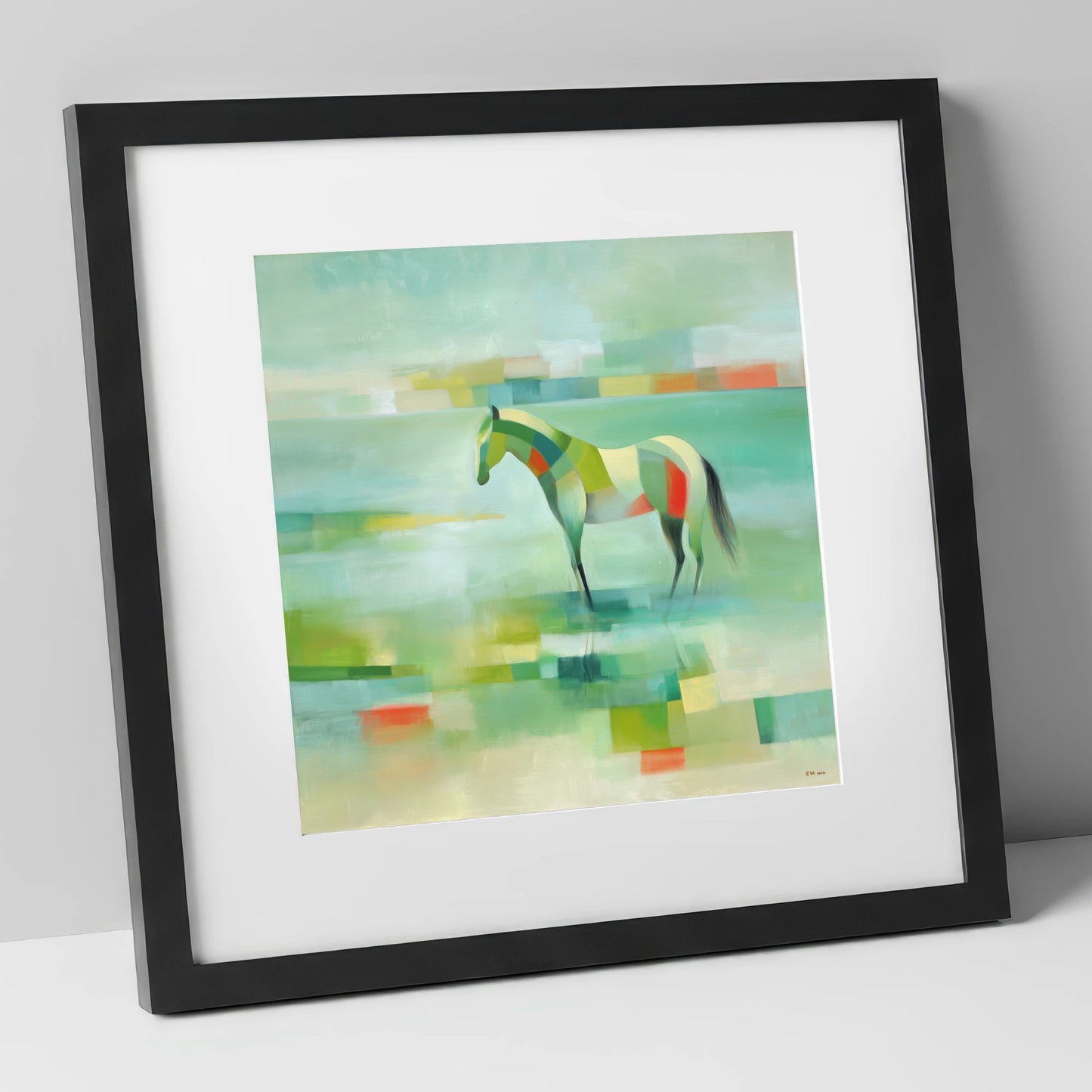 Emerald Beach Mosaic beach horse art print in black frame