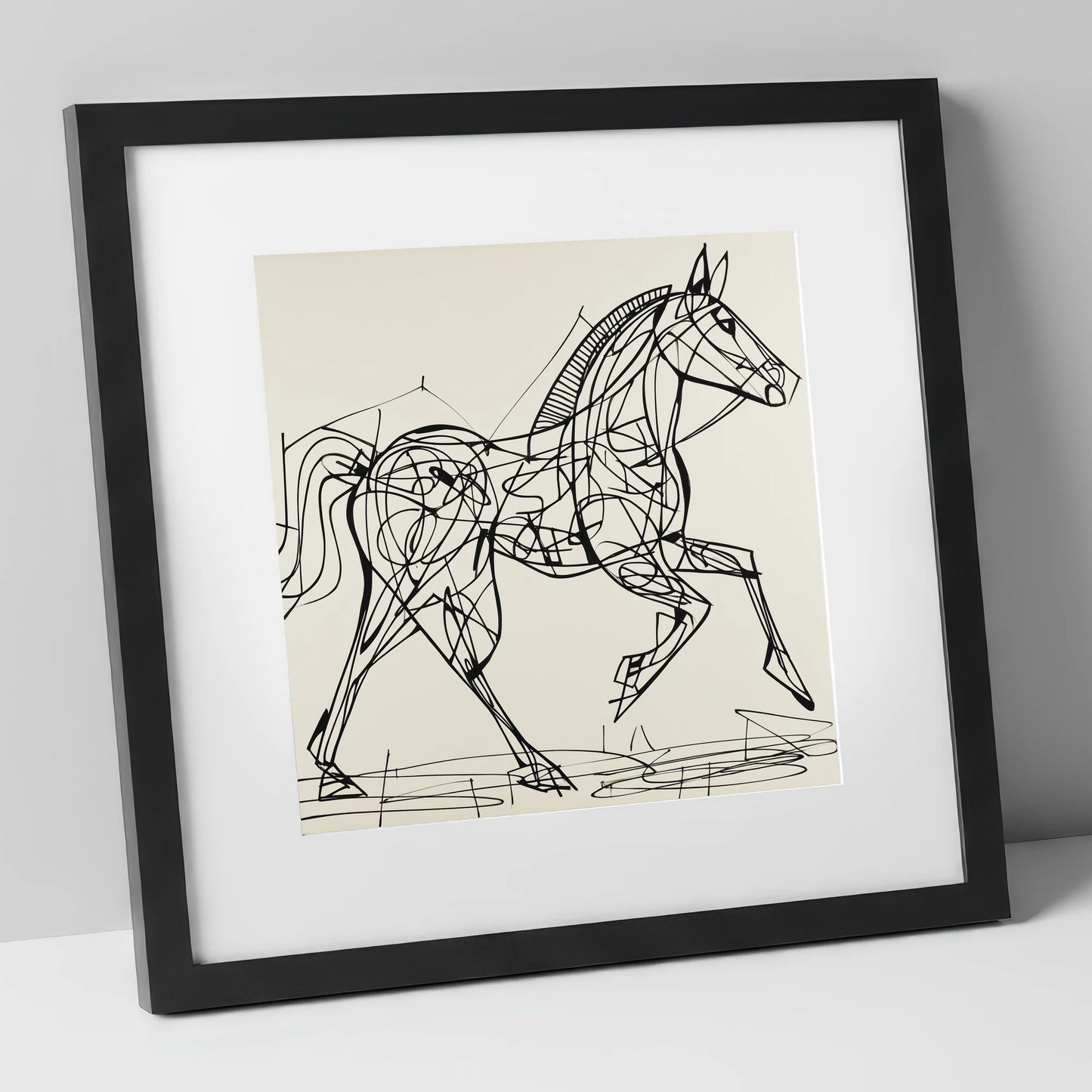 Structural Stride racing horse art print in black frame