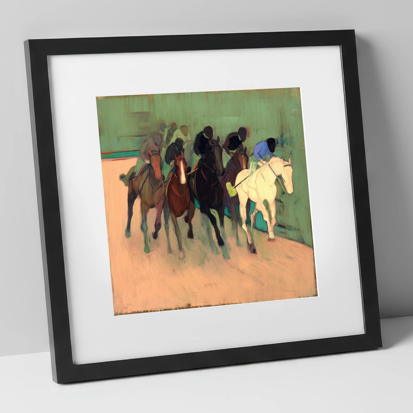 The Front Runners racing horse art print in black frame