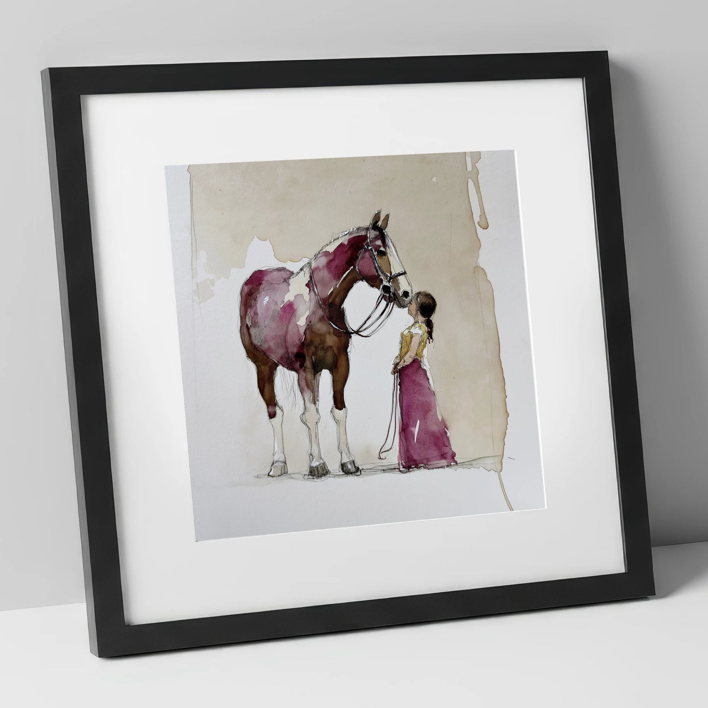 A Gentle Greeting horse & rider art print in black frame