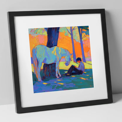 Shared Solitude horse & rider art print in black frame