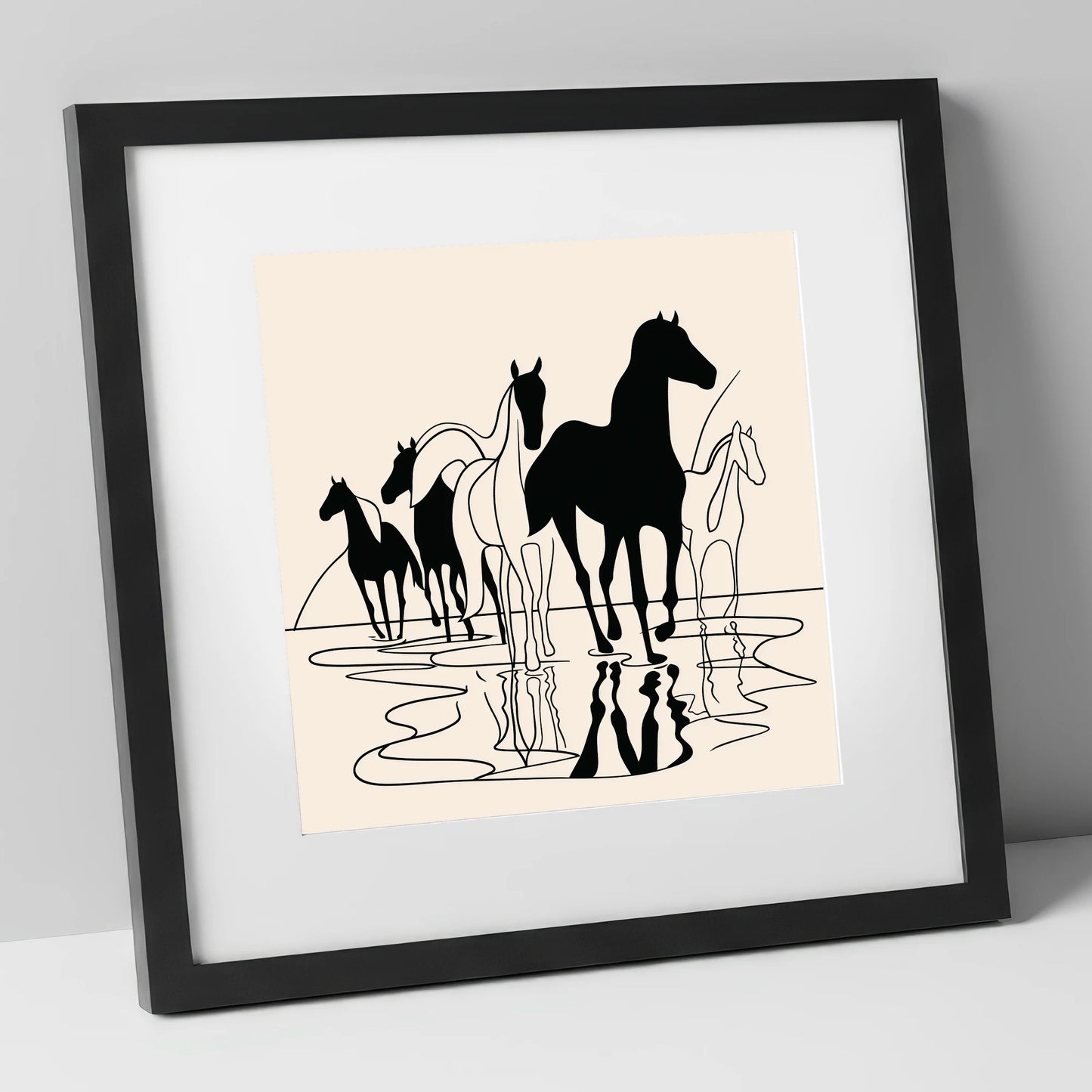 Ink Silhouettes at Water wild horses art print in black frame
