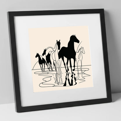 Ink Silhouettes at Water wild horses art print in black frame