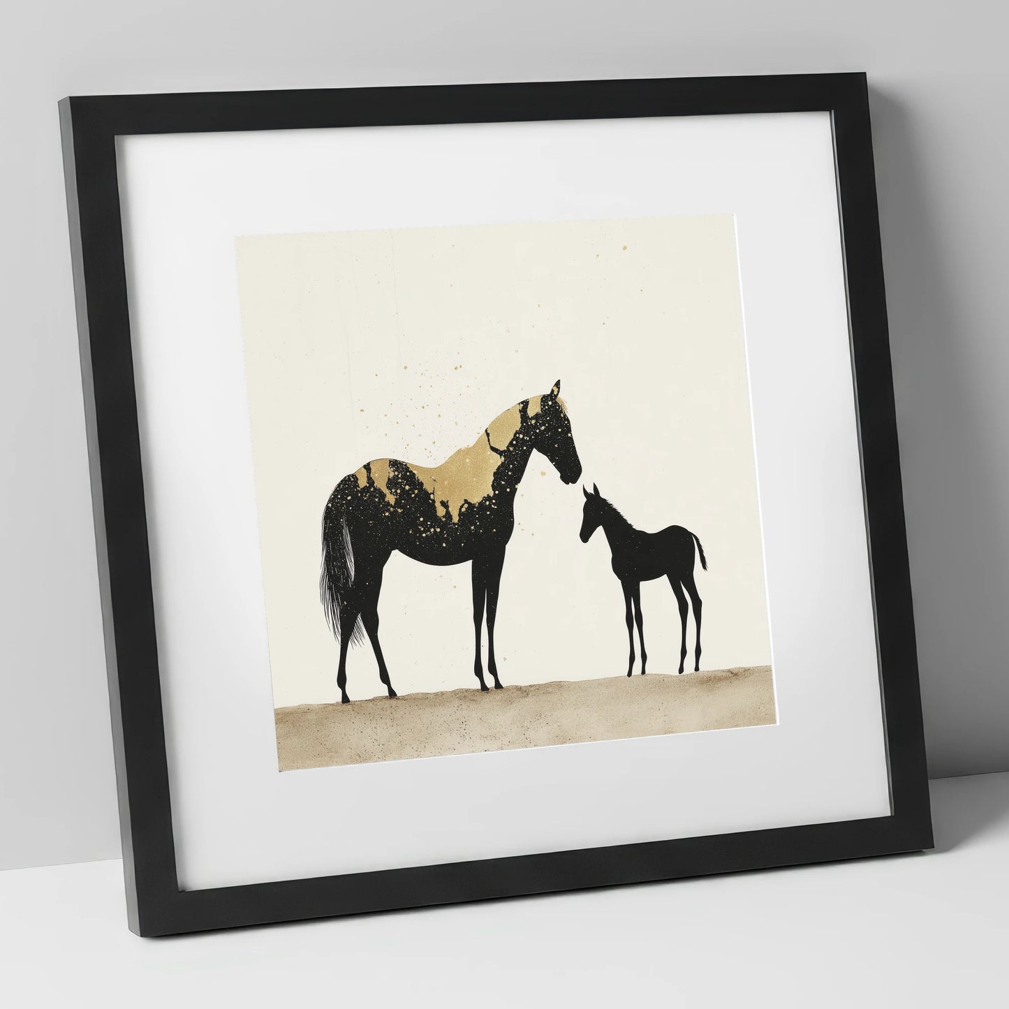 Gilded Bond mare & foal art print in black frame