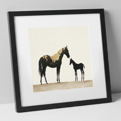 Gilded Bond mare & foal art print in black frame