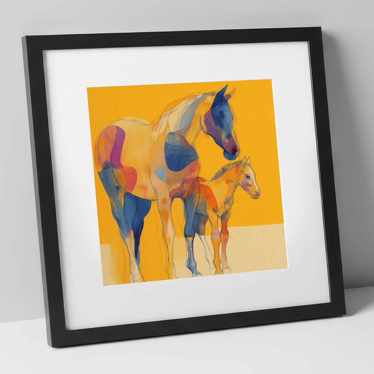 Golden Horizon Connections mare & foal art print in black frame