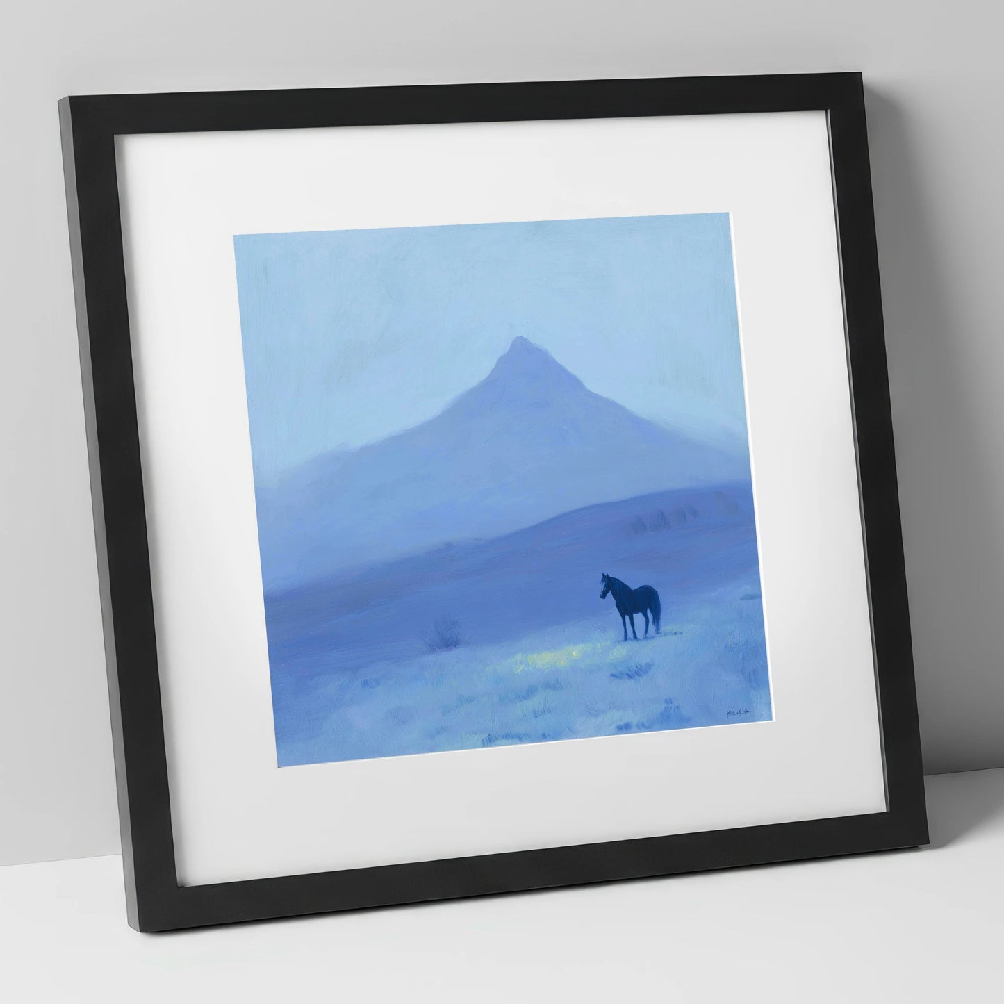 Azure Mountain Solitude horse landscape art print in black frame