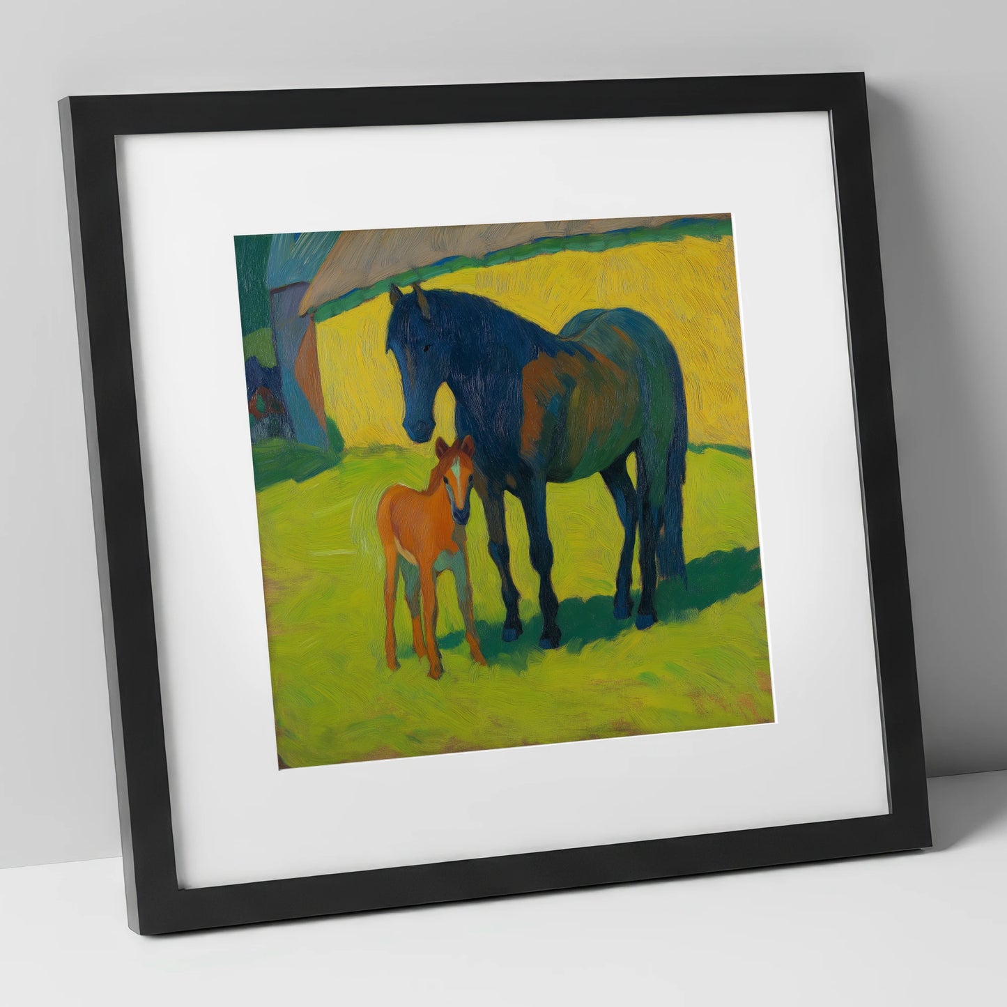Radiant Pasture Bond mare & foal art print in black frame