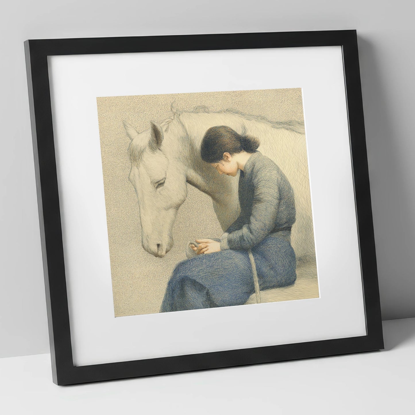 Solace in Stillness horse & rider art print in black frame