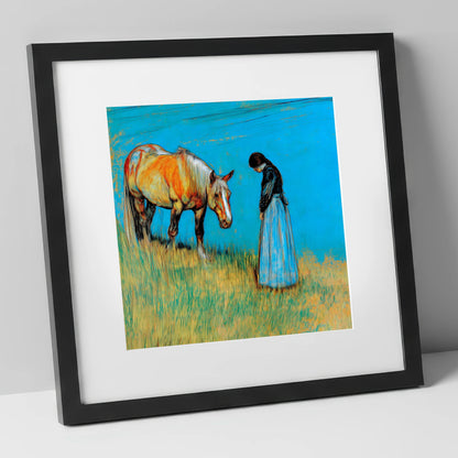 Cerulean Bond horse & rider art print in black frame