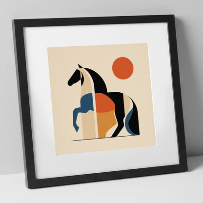 Mid-Century Equine Geometry horse portrait art print in black frame