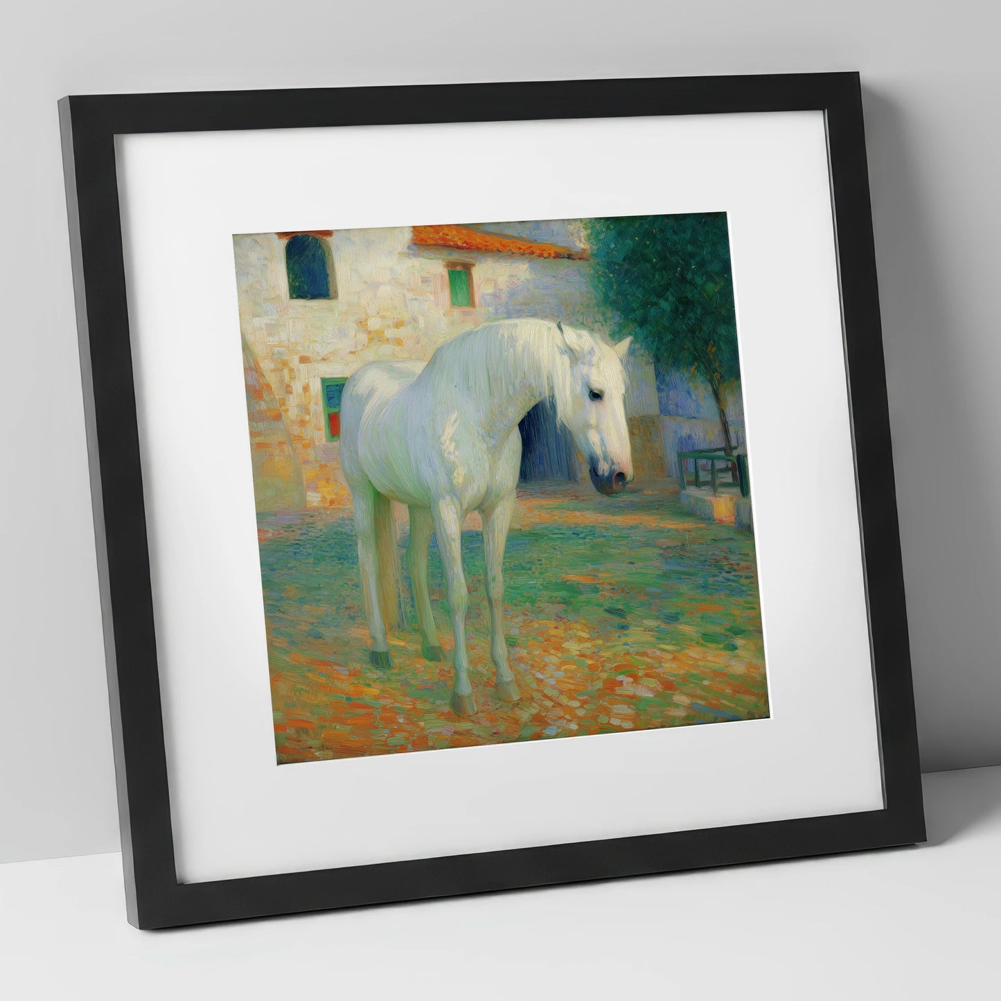Sunlit Courtyard Grey horse breed art print in black frame