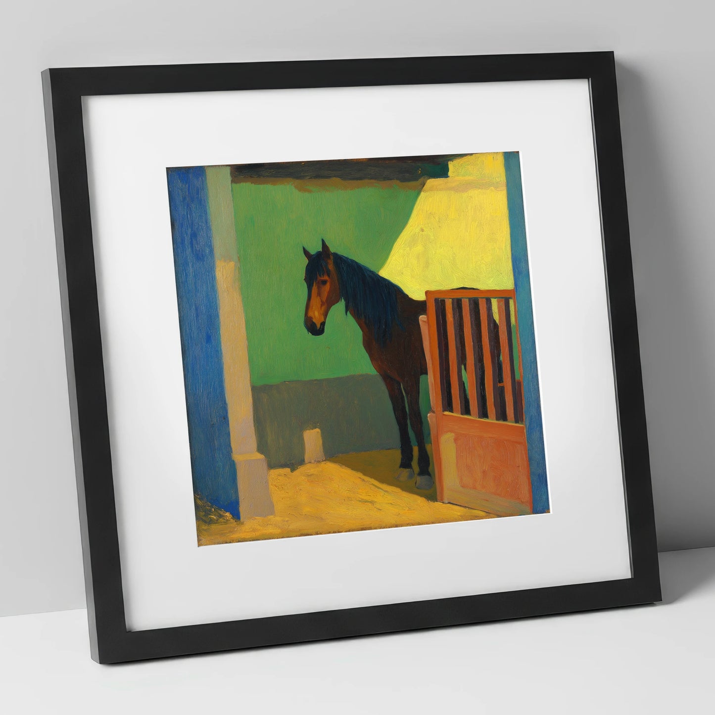 Vibrant Stable Light horse stable art print in black frame